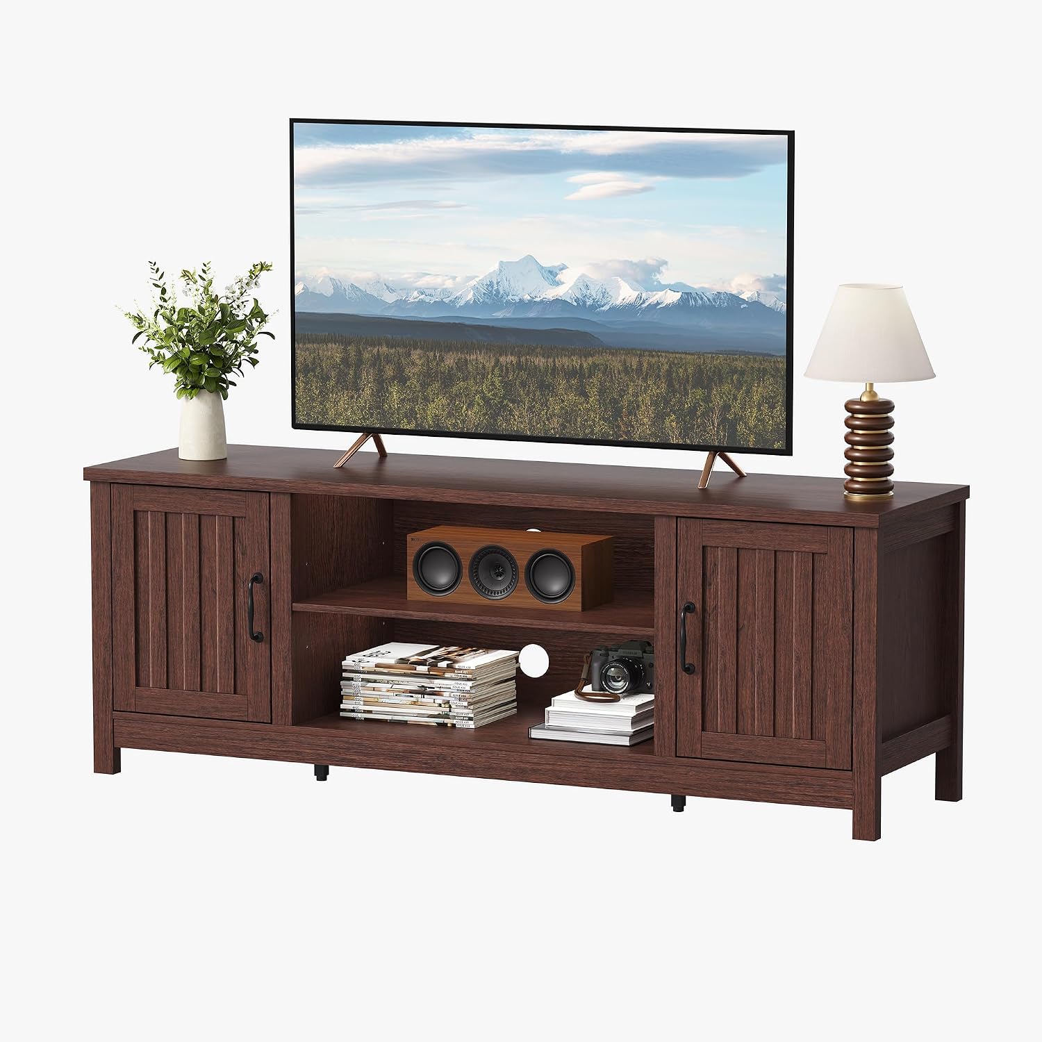 ChooChoo 54' Farmhouse TV Stand for TVs up to 65 inches, Entertainment Center with Storage Cabinets, Open Shelves and Fluted Door, TV Console Table for Living Room, Bedroom, Walnut