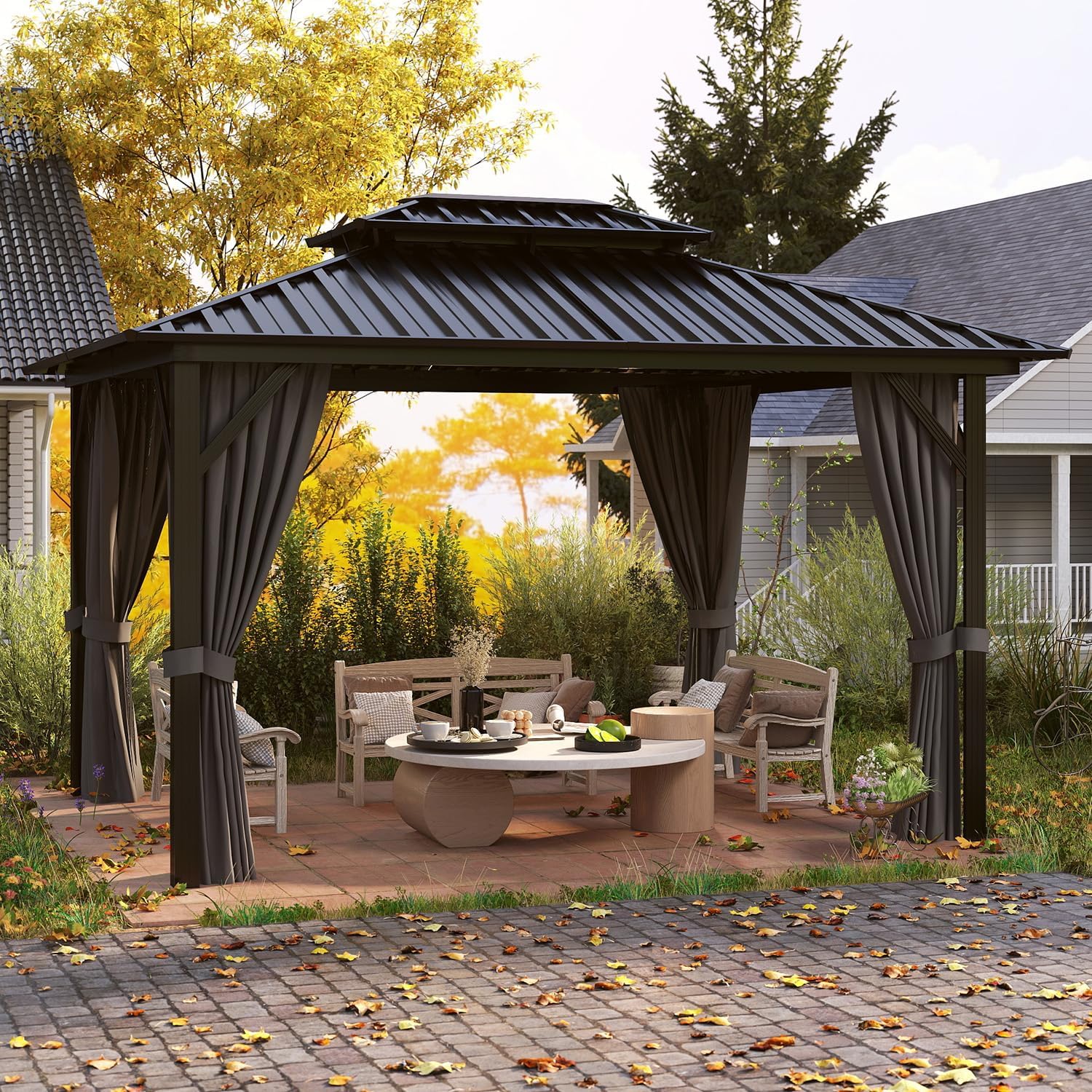 10' x 12' Hardtop Gazebo, Aluminum Frame with Double Galvanized Steel Roof, Outdoor Metal Pavilion with Mosquito Netting and Curtains for Patio, Backyard, and Deck