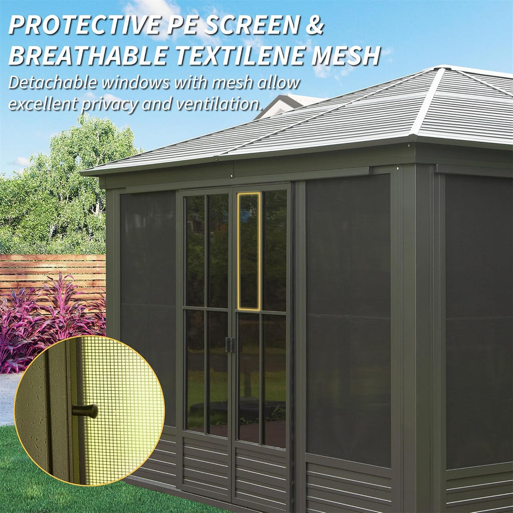 12'(W) x 14'(L) Outdoor Sunroom Aluminum Hardtop Gazebo with Galvanized Steel Roof, PVC Screen Walls and Sliding Door, Black