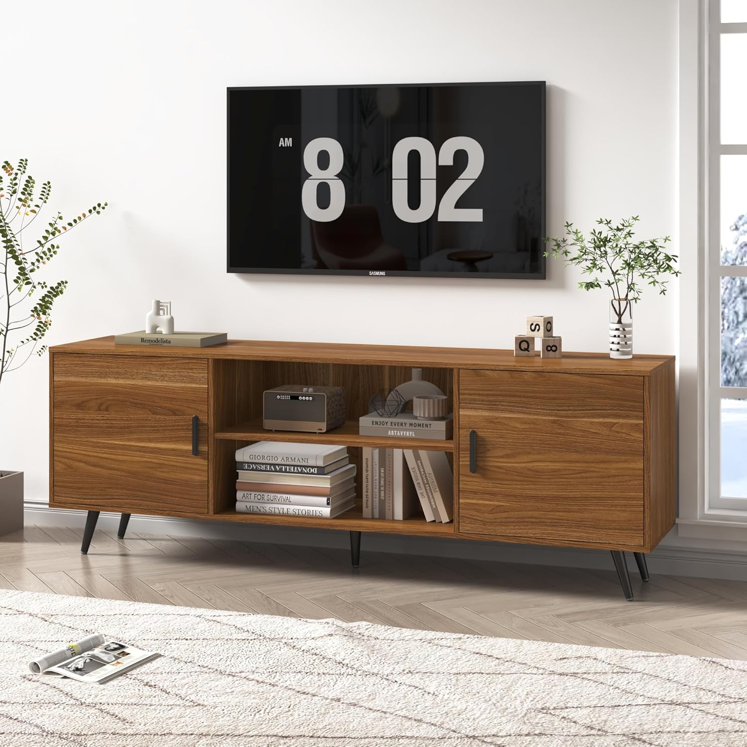 70 Inch Mid Century Modern TV Stand for 75 Inch TV, Wood TV Stand with Storage, Entertainment Center for Living Room Bedroom, TV Media Console, Walnut