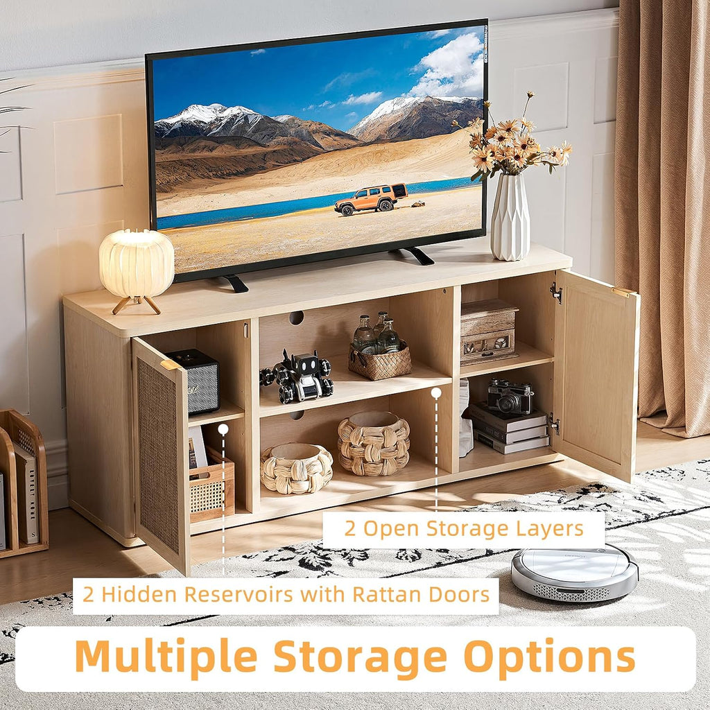 LEYAOYAO Rattan TV Stands for Living Room, Boho TV Cabinet with Storage and Open Shelf, Rustic Wood Entertainment Center, Media Console for 50-65 Inch TV, Light Wood