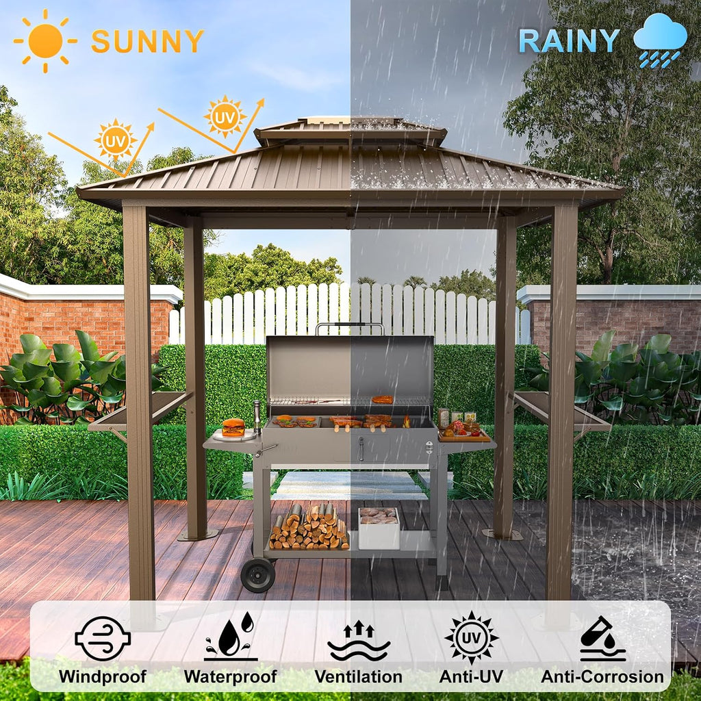 Hoteel 6x8 Hardtop Grill Gazebo, Outdoor Patio BBQ Gazebo with Galvanized Steel Double Roof, Hardtop Barbecue Canopy with 2 Side Shelves for Deck Lawn Backyard Garden,Brown