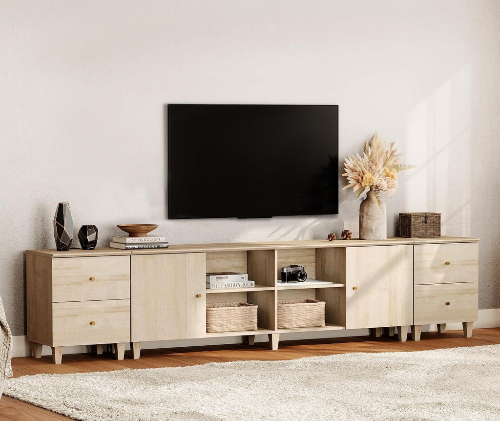 WAMPAT 3-in-1 TV Stand w/Doors&Charging Station, 105' Modern Wood Entertainment Center Media Console for 110+ inch TVs, TV Cabinet w/Shelves&4 Drawers for Living Room, Bedroom, Light Oak
