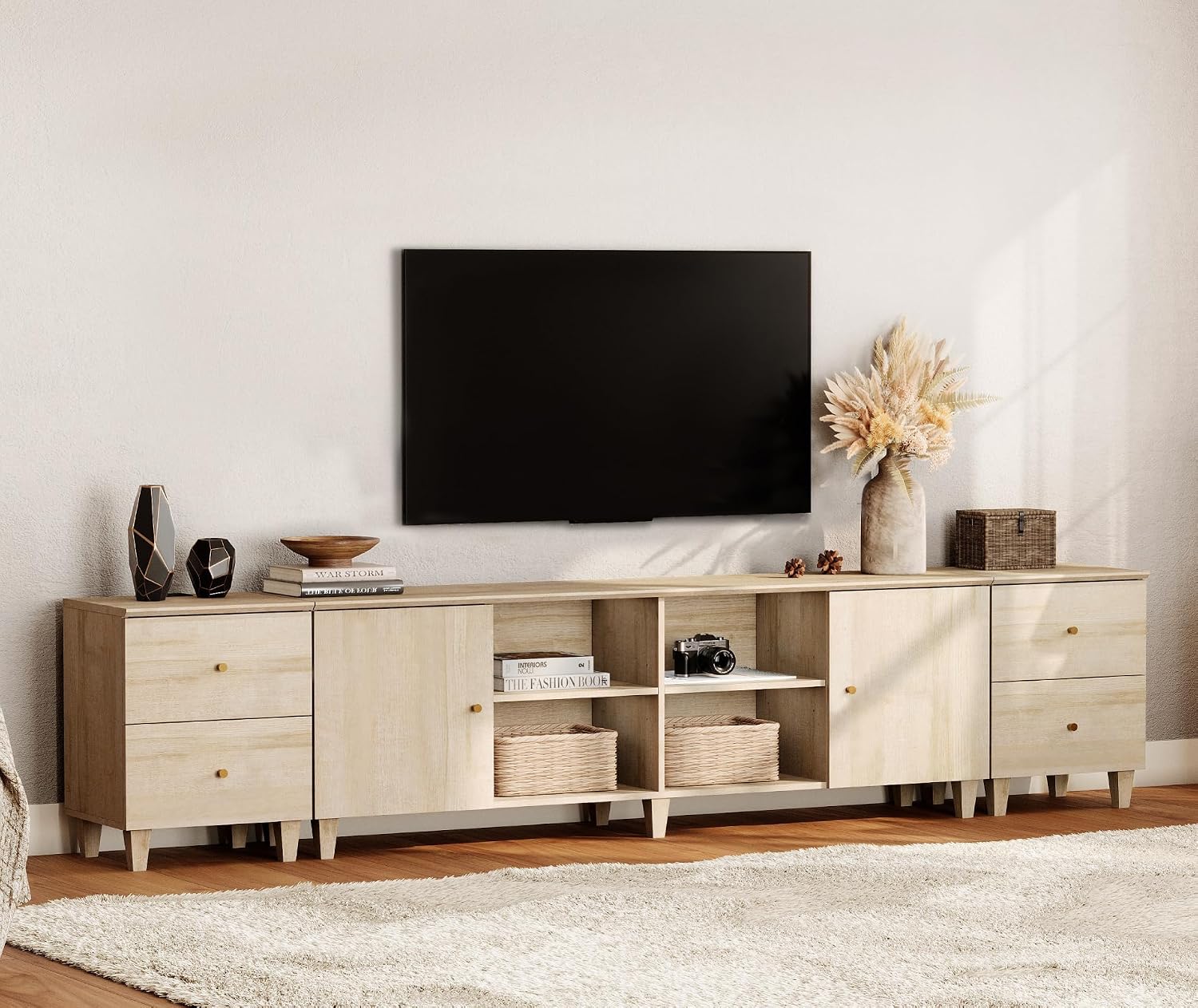 WAMPAT 3-in-1 TV Stand w/Doors&Charging Station, 105' Modern Wood Entertainment Center Media Console for 110+ inch TVs, TV Cabinet w/Shelves&4 Drawers for Living Room, Bedroom, Light Oak