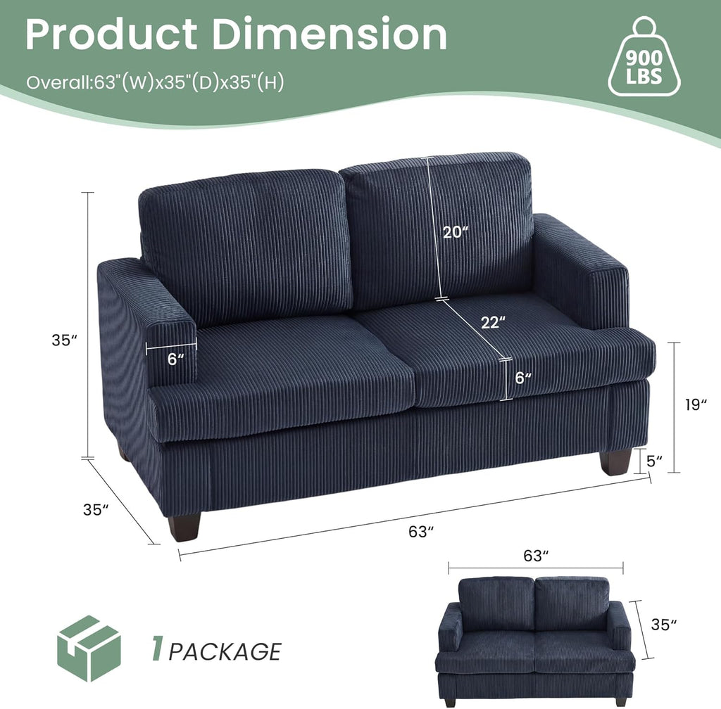 YOUDENOVA 2 Piece Set Comfy Sofa Couch, 3 Seater & Loveseat Sofa with Deep Seats, Modern Sleeper Couch for Living Room, Blue Corduroy