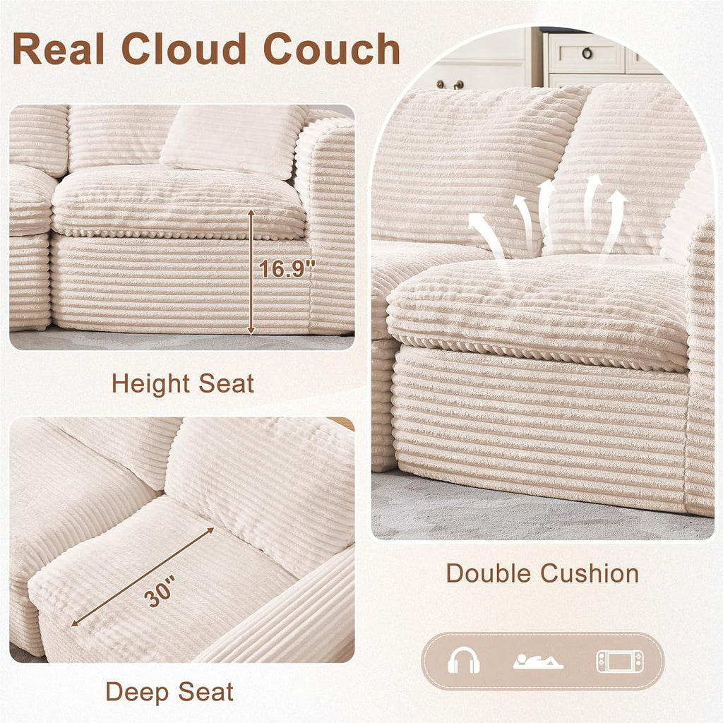 108' Modular Sectional Sofa Couches L Shaped Couch 3 Seater Cloud Sofa Memory Foam Sectional Couches for Living Room, Boneless Couch with Ottoman, Corduroy, Beige