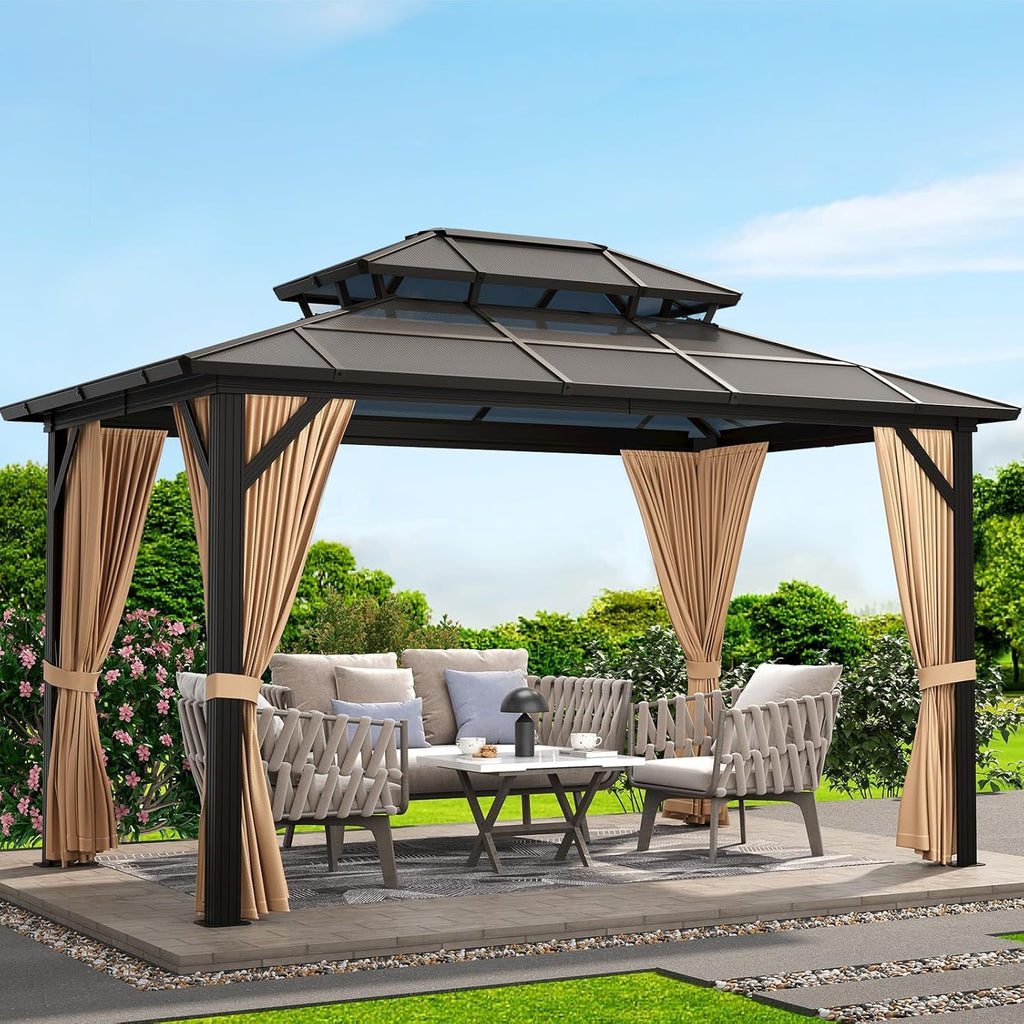 TROPOW 10×13 FT Hardtop Gazebo with Polycarbonate Double Roof, Khaki Aluminum Frame Outdoor Patio Gazebo with 2 Track Curtains & Netting, Water-Drainage, UV Protection, Permanent Backyard Canopy