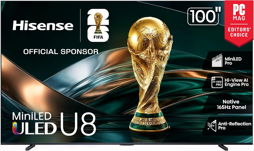 Hisense 100' Class U8 Mini-LED ULED 4K UHD Google Smart TV (100U8QG, 2025 Model) - QLED, Native 165Hz, VRR 288, Up to 5000 Nits, HDR10+, Dolby Vision IQ · Atmos, IMAX Enhanced, 4.1.2 Ch Surround