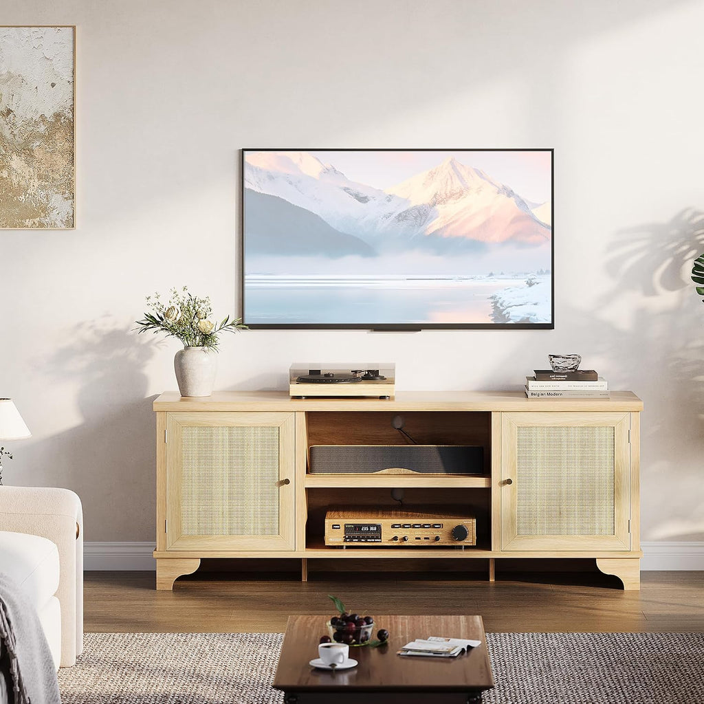 GarveeHome Rattan TV Stand Fits TVs Up to 70 Inches, Boho Entertainment Center with Storage, Wooden Media Console Table for Living Room, Natural Oak
