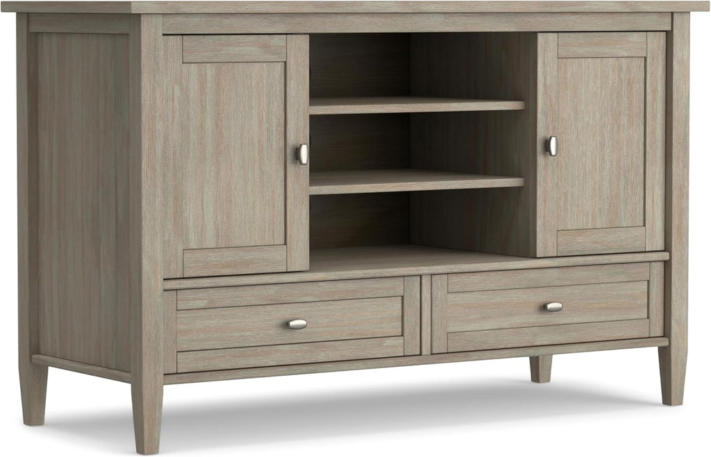 SIMPLIHOME Warm Shaker TV Stand - 47 inch Wide Solid Wood Media Console in Distressed Grey, Transitional Entertainment Center for TVs up to 50 Inches with 2 Cabinets, 2 Drawers, and Cord Management