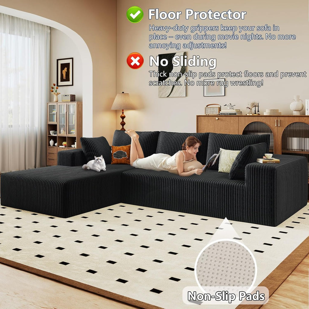 96' Modular Sectional Sofa, Modern Corduroy Cloud Couch with Deep Seat, Boneless Couch Upholstered 3-Seater L-Shaped Sofa for Living Room, No Assembly Required (Black, Left-Facing Chaise)