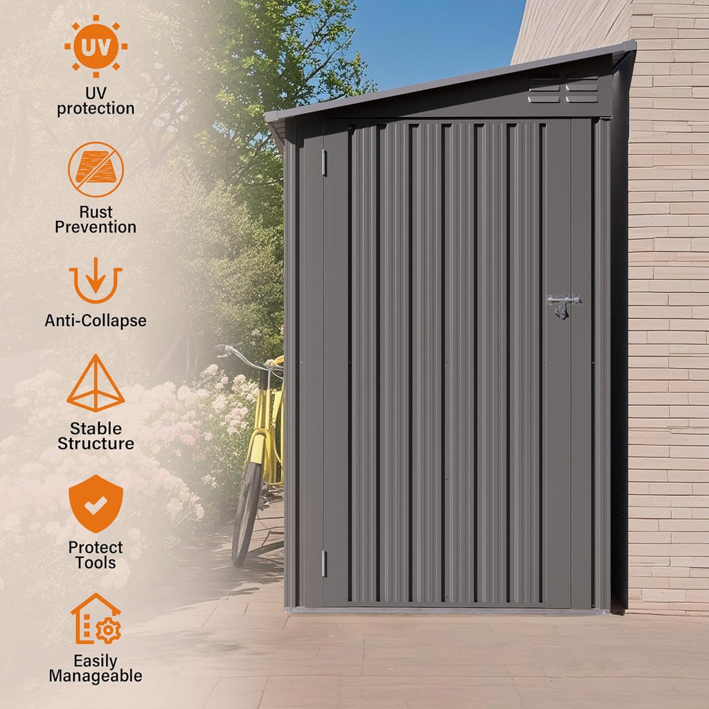 4 x 9 FT Tool Outdoor Storage Shed, Metal Storage Shed for Backyard Patio Garden,Sloped Roof Corner Fit, Side Swing Door, 2 Vents,Waterproof Backyard Garden Storage for Tools, Bikes, Sundries