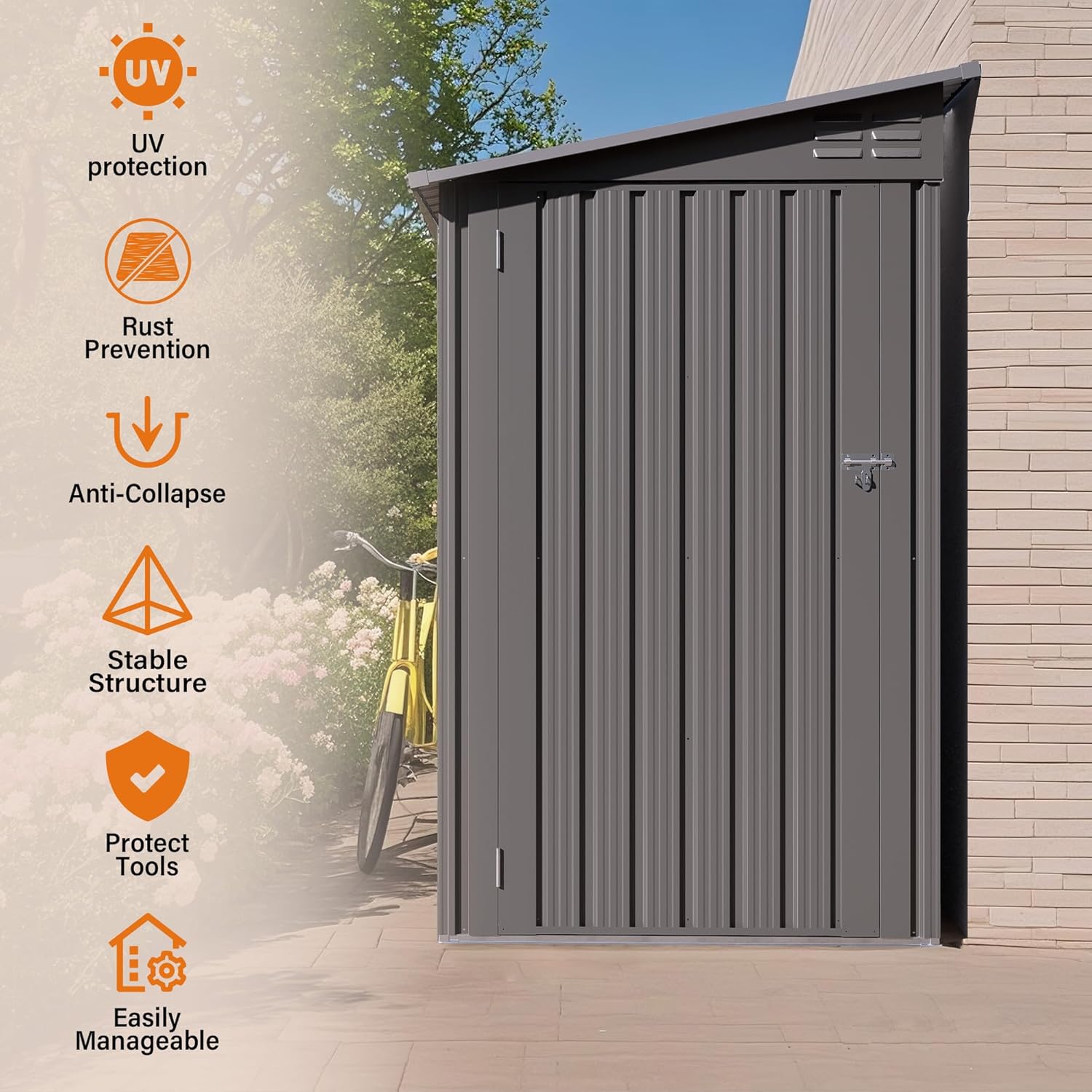 4 x 9 FT Tool Outdoor Storage Shed, Metal Storage Shed for Backyard Patio Garden,Sloped Roof Corner Fit, Side Swing Door, 2 Vents,Waterproof Backyard Garden Storage for Tools, Bikes, Sundries