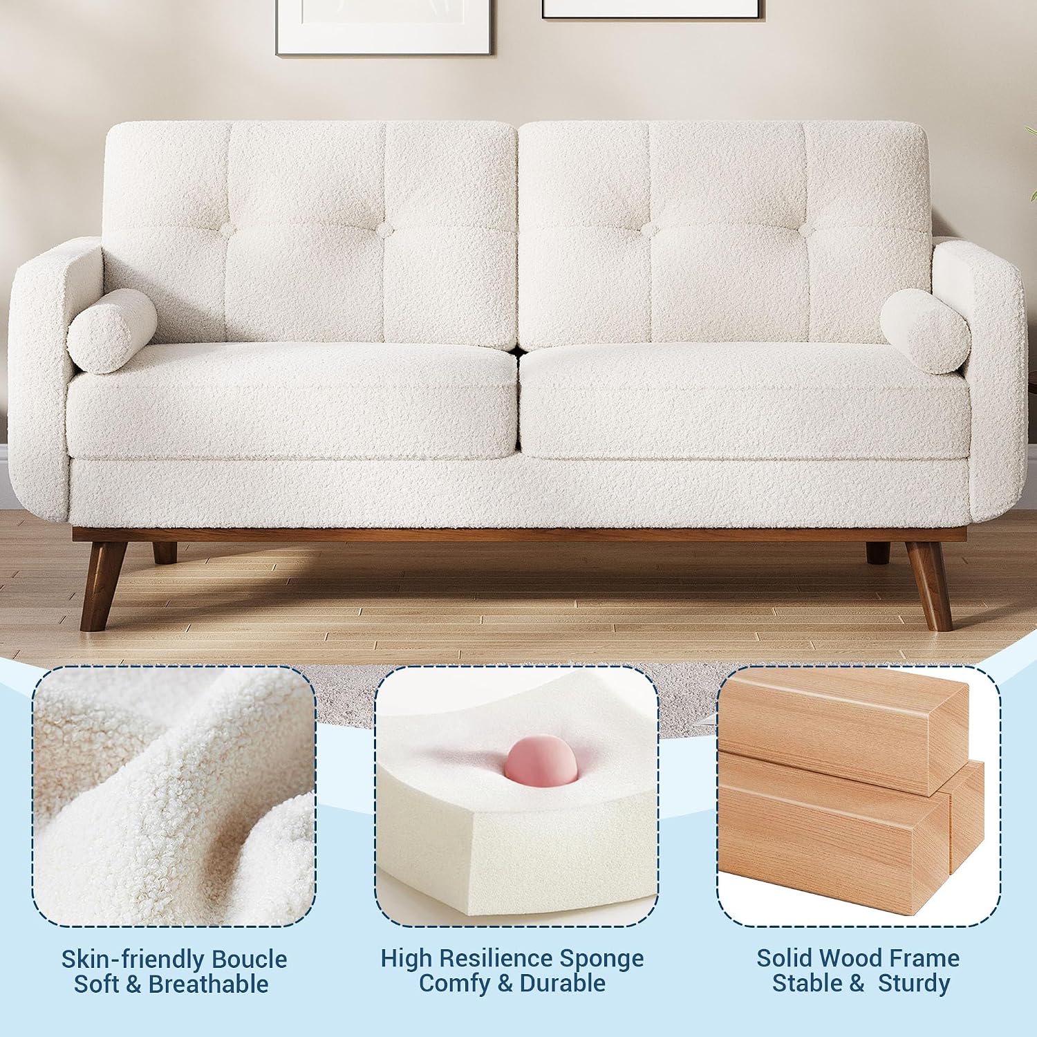 IDEALHOUSE 65' Mid Century Modern Couch Sofa Loveseat, Comfy Love Seat Couches for Living Room, 2 Seater Teddy Fleece Boucle Upholstered Deep Seat Couch for Bedroom Office Small Space, White
