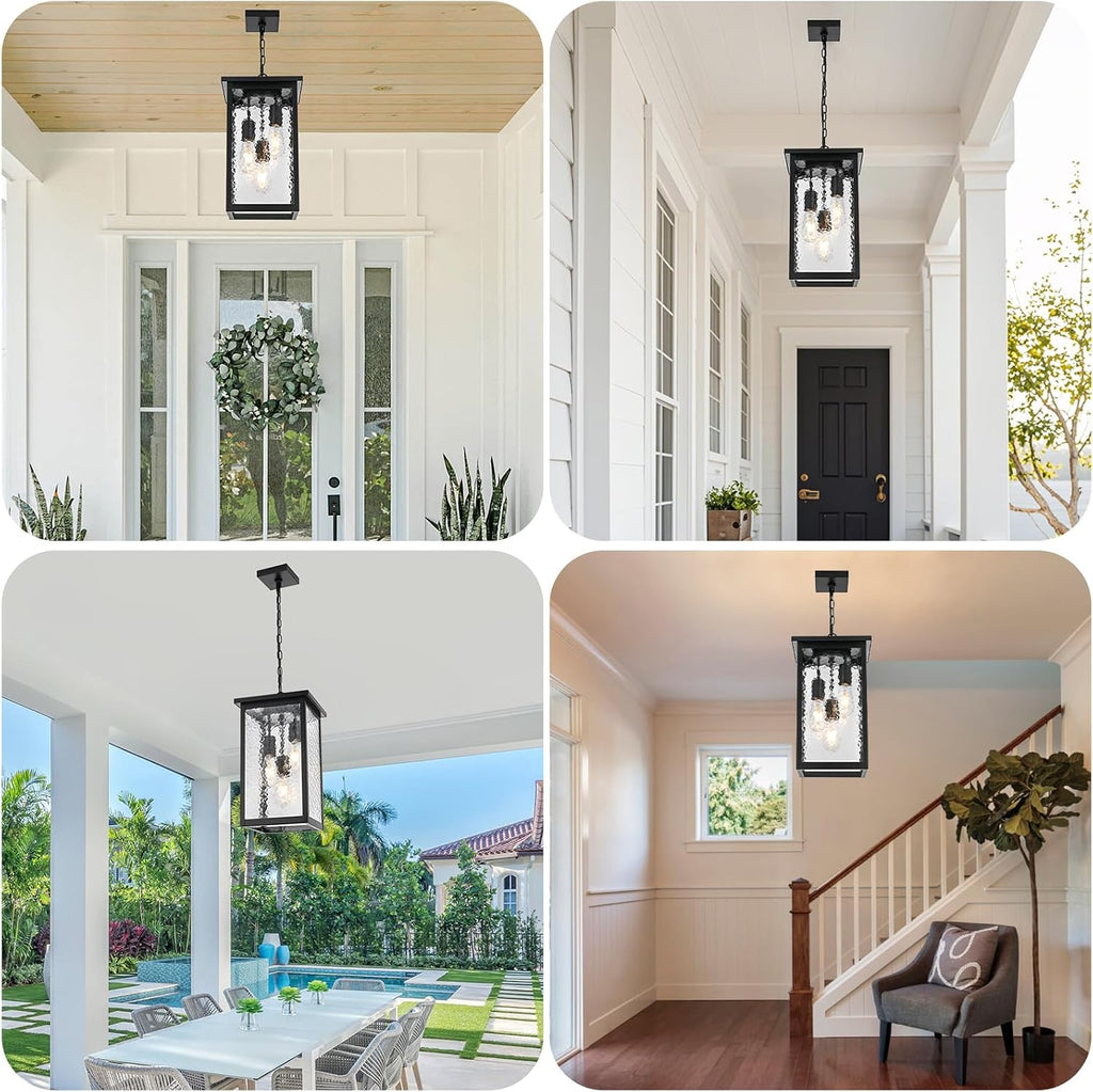 17'' Large Outdoor Pendant Lights for Porch, 3-Lights Matte Black Exterior Hanging Lantern with Hammer Glass, Outdoor Chandelier Ceiling Light Fixture for Patio, Gazebo, Entryway