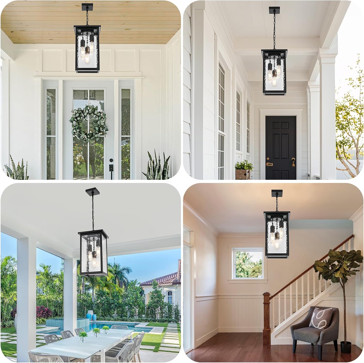 17'' Large Outdoor Pendant Lights for Porch, 3-Lights Matte Black Exterior Hanging Lantern with Hammer Glass, Outdoor Chandelier Ceiling Light Fixture for Patio, Gazebo, Entryway