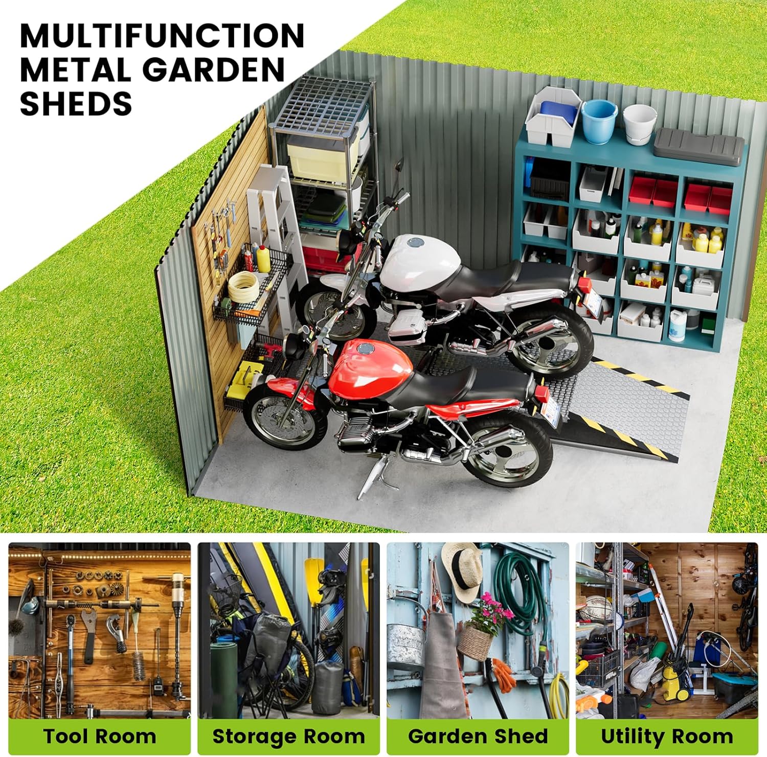 8x12 FT Outdoor Metal Storage Shed, Metal Tool Sheds with Sturdy Frame Structure, Large Garden Storage Shed with Lockable Door for Garden, Lawn, Backyard, Brown