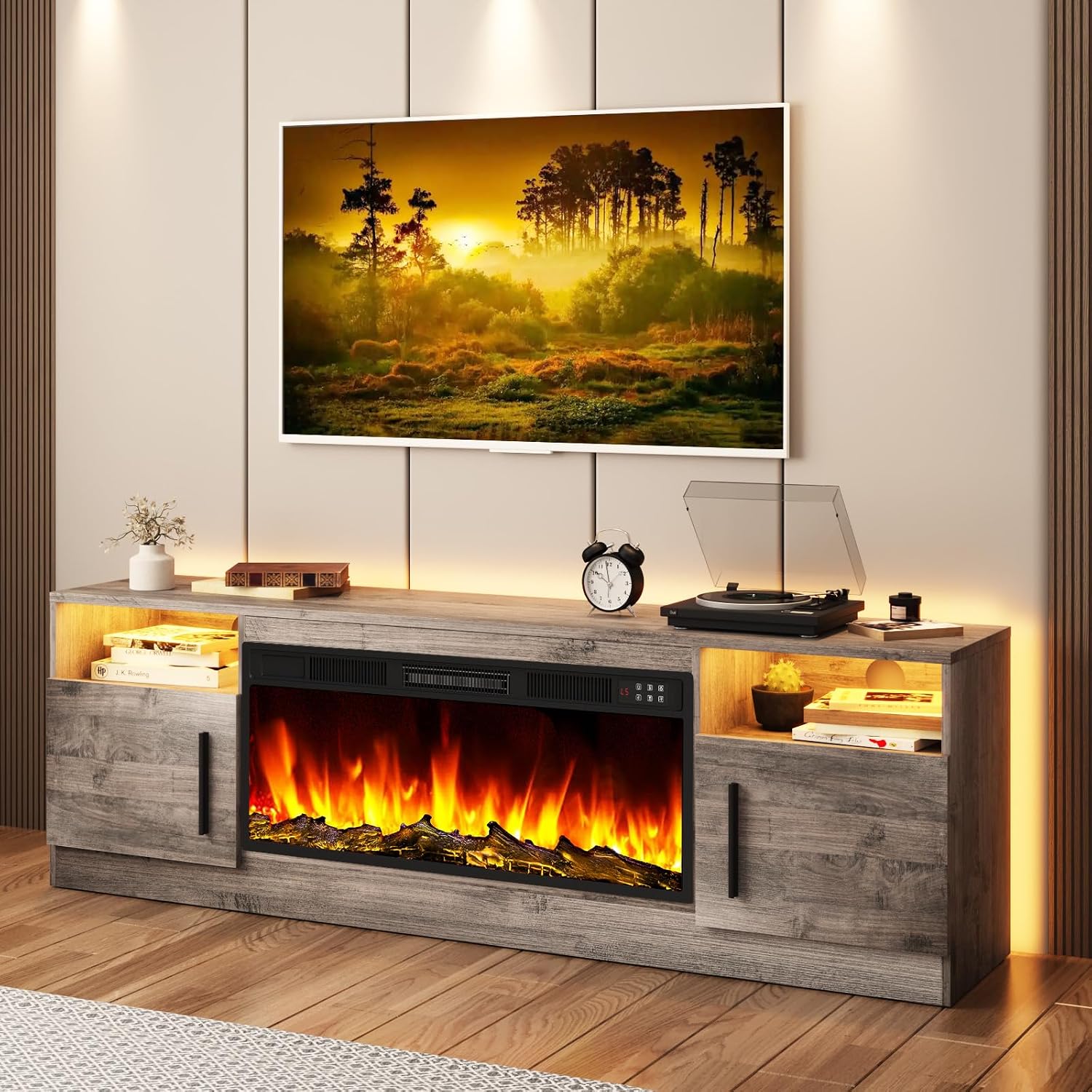 Tavata Fireplace TV Stand Entertainment Center with 36' Fireplace, 70' Wooden TV Console for TVs Up to 80', Modern TV Stands for Living Room with High Gloss Storage Cabinet and LED Lights (Grey)
