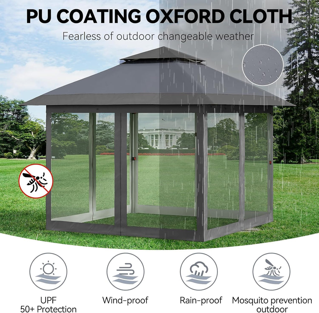 GarveeLife 12 ft x12 ft Gazebo Outdoor Pop up Canopy Tent with Curtains and 144 Square Shelter for Patio,Backyard Party, with Mosquito Netting, 2-Tiered Vented Top (Gray)