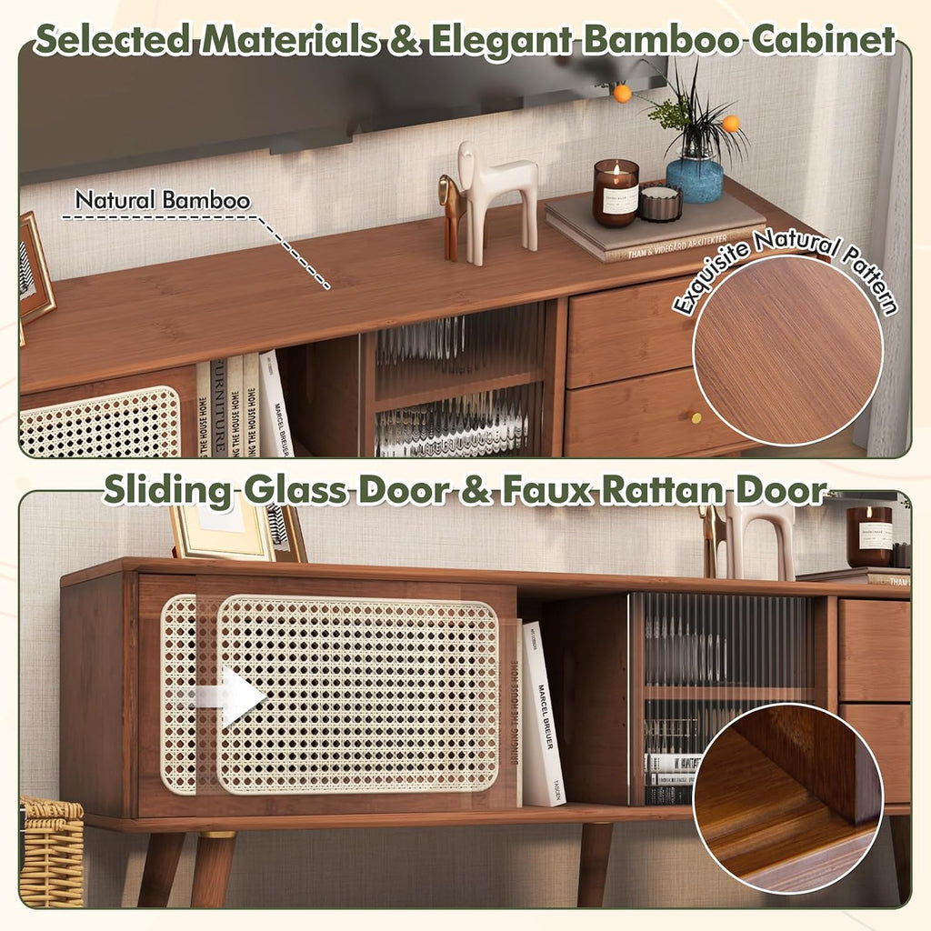 Tangkula Mid Century Modern TV Stand for TVs up to 65', Bamboo Entertainment Center w/Glass & PE Rattan Sliding Doors, 2 Drawers, Adjustable Shelf, Wood Legs, Media Console (Bamboo 2-Walnut)
