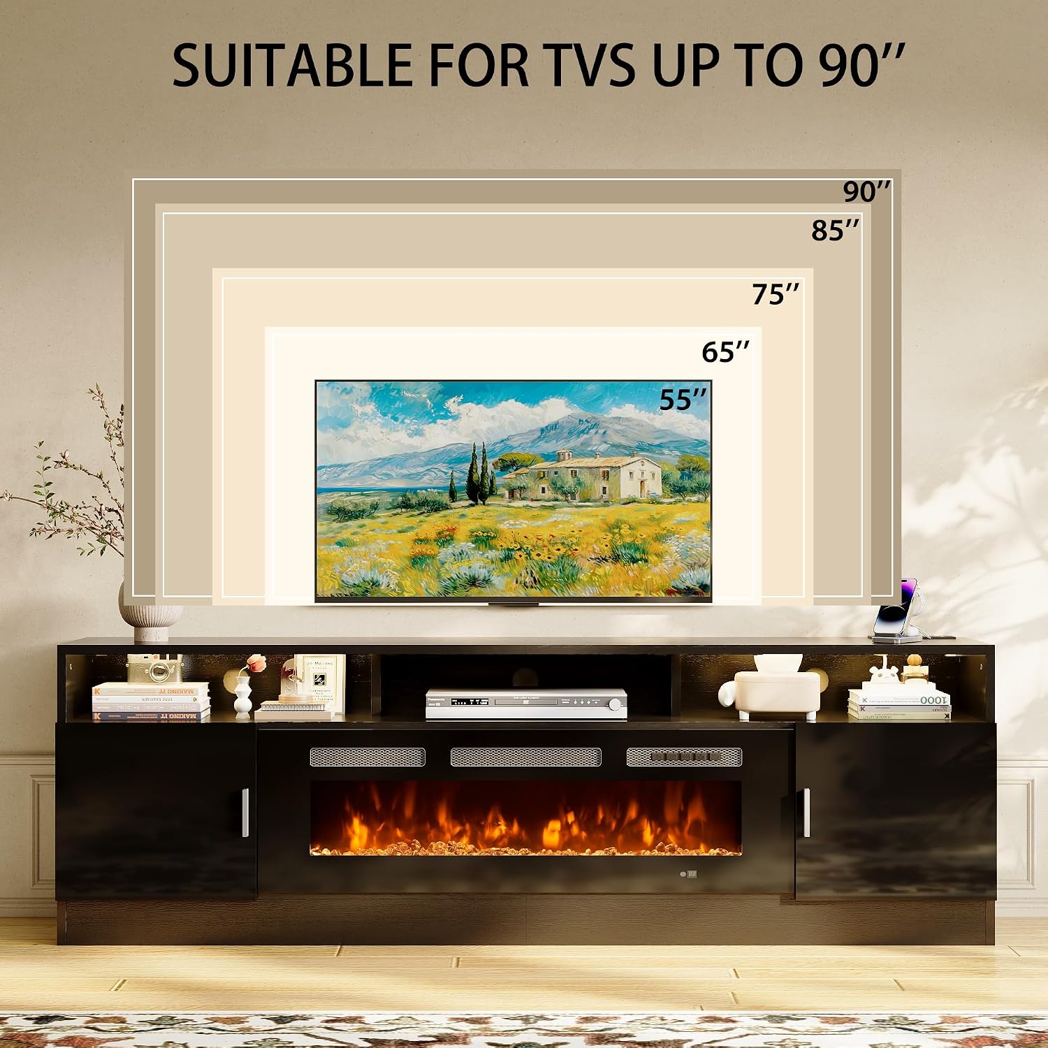 oneinmil 78' Fireplace TV Stand with Power Outlet for TVs Up to 90', Electric Fireplace Entertainment Center with LED Lights & Storage Cabinets, Media Console Table for Living Room