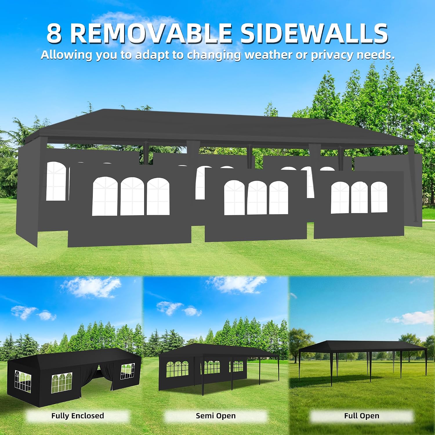 10x30 Party Tent Heavy Duty Outdoor Canopy Tents for Parties with 8 Removable Sidewalls Outside Large Gazebo Shelter Carpas para Fiestas for Backyard Patio Events Wedding BBQ, Black