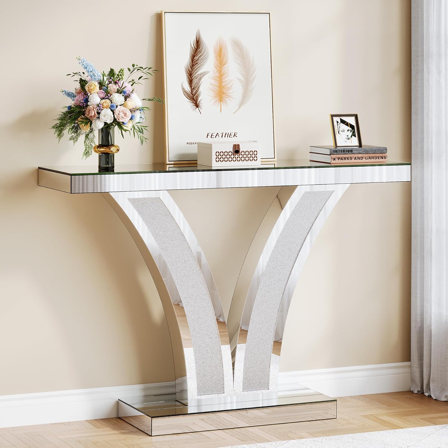 Tribesigns Mirrored Console Table, Modern Sliver Entryway Sofa Table with Crystal Inlay Frames for Living Room, Hallway, Foyer