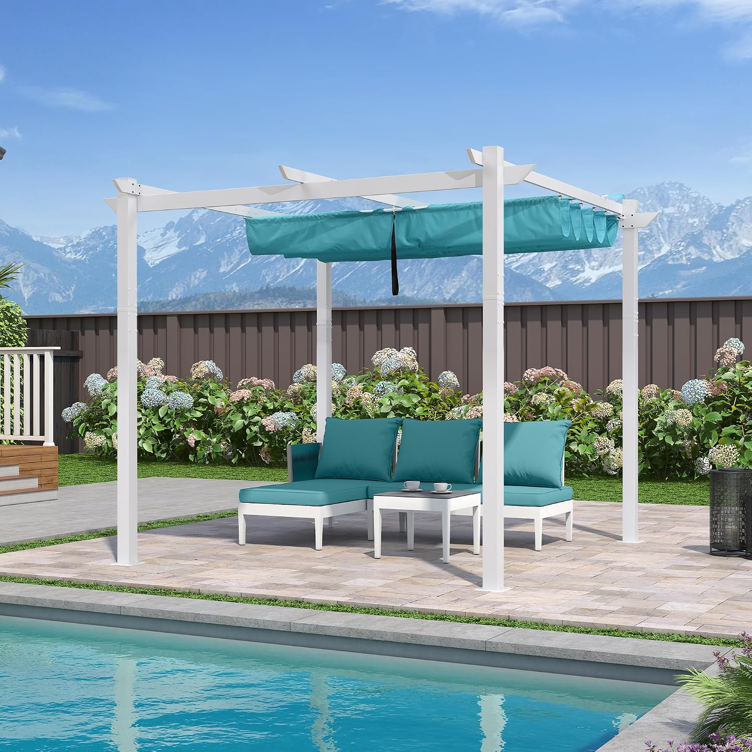 PURPLE LEAF 10' x 13 Aluminum Outdoor Pergola White Wind-Resistant Retractable Pergola with Double Sun Shade Canopy Heavy-Duty Metal Pergola for Patios Backyard Deck Garden, Blue