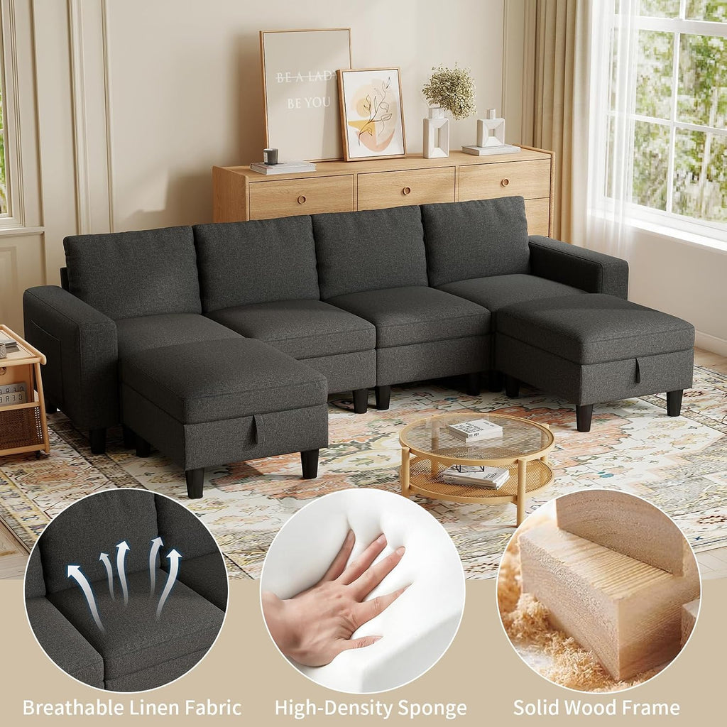 Modular Sectional Couches for Living Room, 110' U Shaped Sectional Sofa Couch with Adjustable Backrest, 6 Seat Linen Cloud Couch Sectionals with Storage Ottoman for Apartment (Dark Grey)