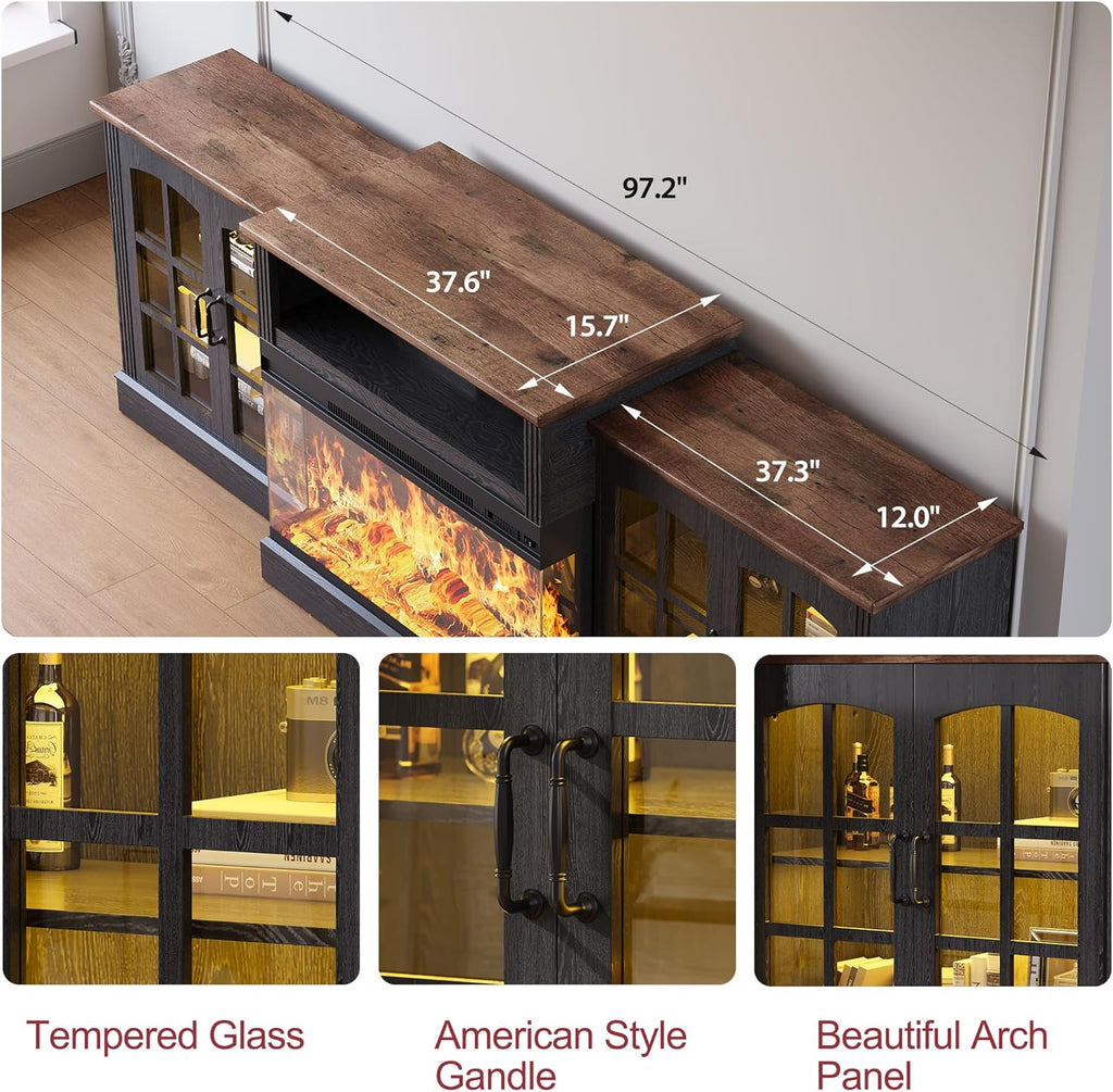 97' Fireplace TV Stand with 36' Electric Fireplace, Farmhouse Entertainment Center for TVs up to 100', Media Console Table with Large Storage Cabinets, for Living Room, Black