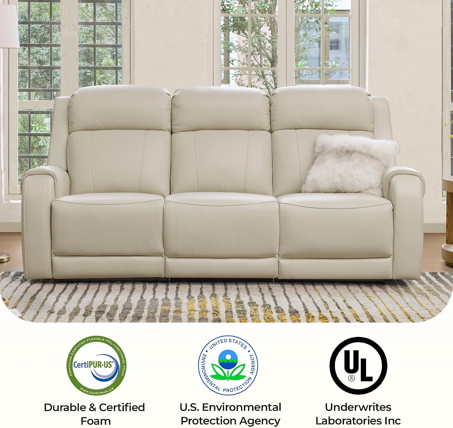 CHITA Genuine Leather Power Recliner Sofa, Wall Hugger Reclining Sofa with Console, Power Headrest, Dual Motor, USB Charging Ports, Recliner Couch for Living Room, RV, Leather in Cream