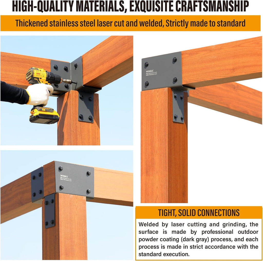 4 Pack 4x6 (Actual 3.5'x5.5') Heavy Duty Stainless Steel Pergola Brackets - Corner Post to Beam Connector for Gazebos, Patio Decks, Porches - Wood Post Cap Tie Bracket (Dark Gray)