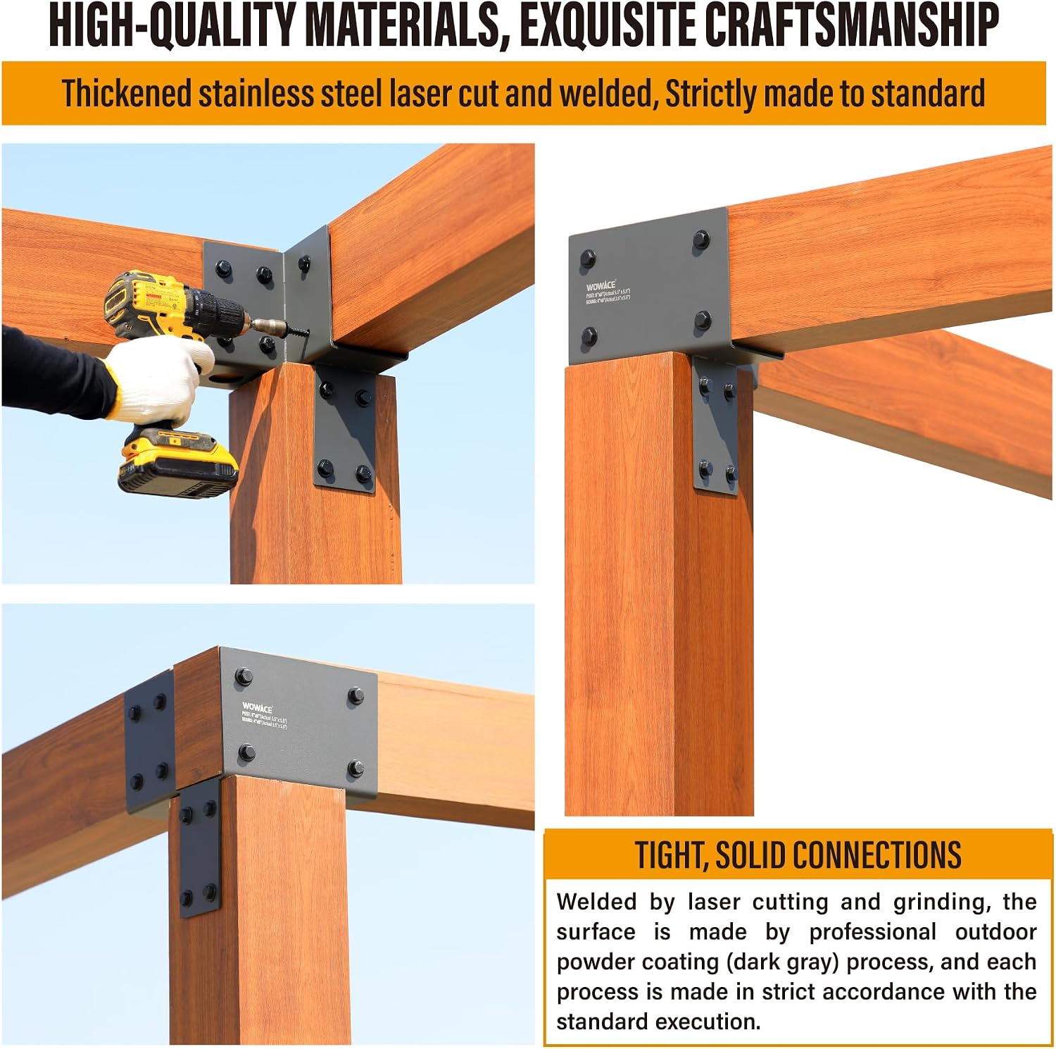 4 Pack 4x6 (Actual 3.5'x5.5') Heavy Duty Stainless Steel Pergola Brackets - Corner Post to Beam Connector for Gazebos, Patio Decks, Porches - Wood Post Cap Tie Bracket (Dark Gray)