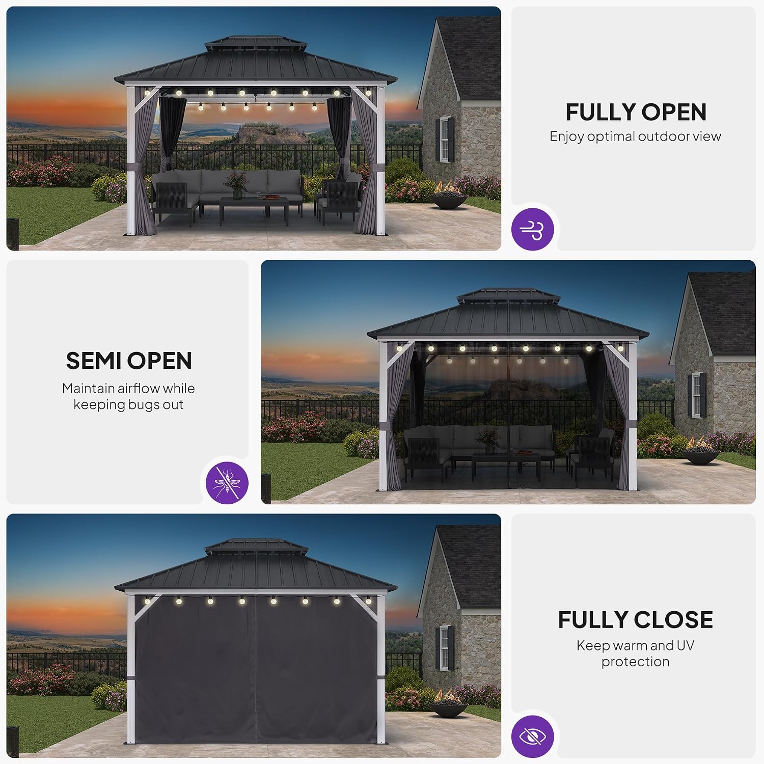 PURPLE LEAF 10' X 12' Gazebo White Aluminum Frame Galvanized Double Roof Hardtop Gazebo Curtains and Netting Included with String Lights for Garden Deck Lawns and Backyard, Grey