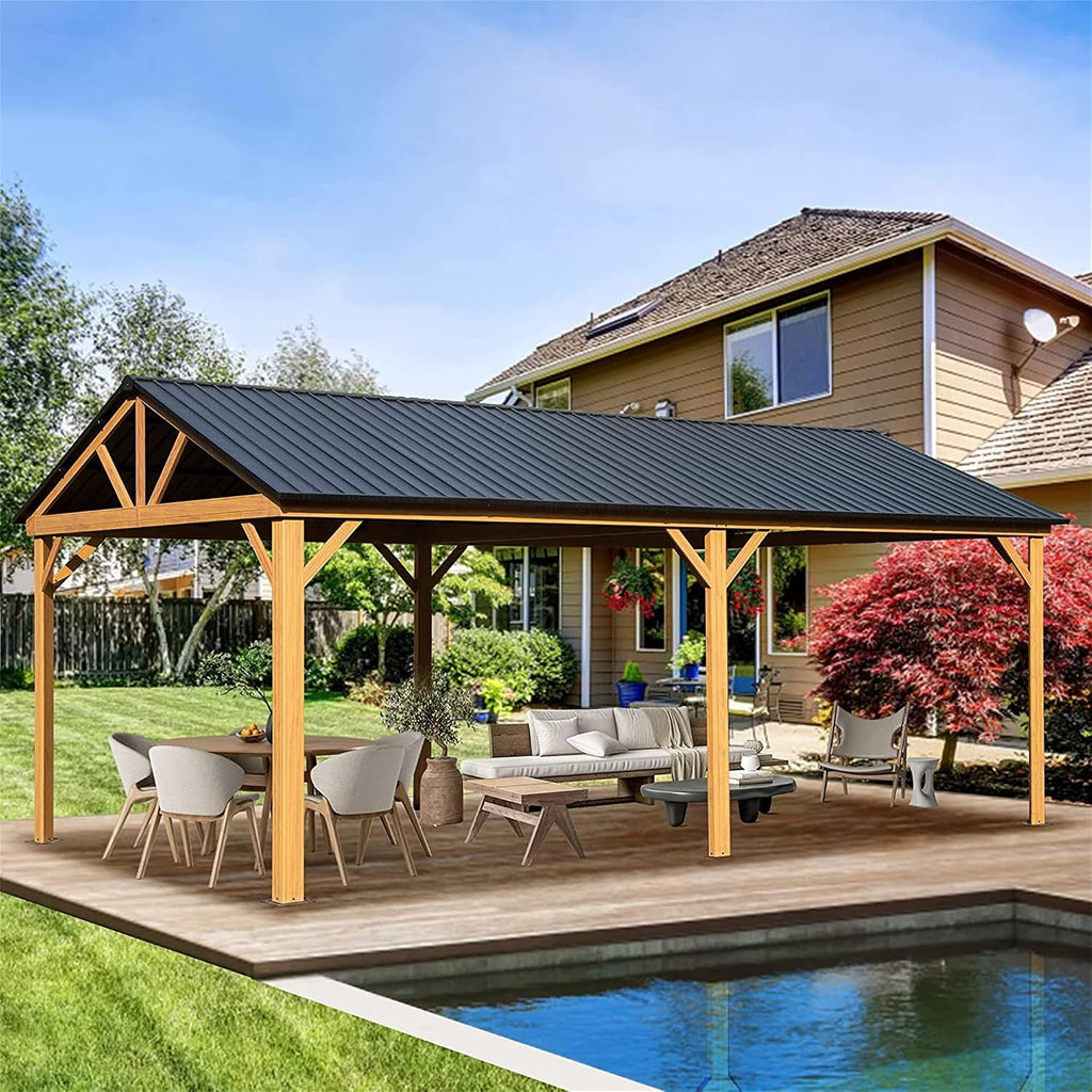 MONDAWE 12 x 20 FT Permanent Hardtop Gazebo, Wood Grain Aluminum Frame & Galvanized Steel Roof, Outdoor Metal Hard Top Gazebo Pavilion for Patio, Garden, Backyard (Yellow Brown)