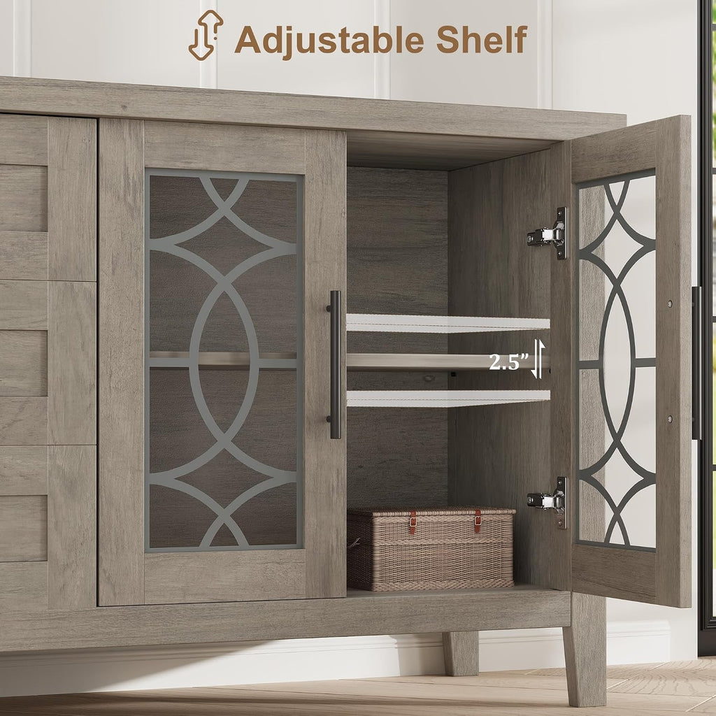 Farmhouse TV Stand for 75 Inch TV, Mid Century Entertainment Center with 3 Drawer & 2 Storage Doors, Wooden Media TV Console Table for Living Room, Bedroom-Grey