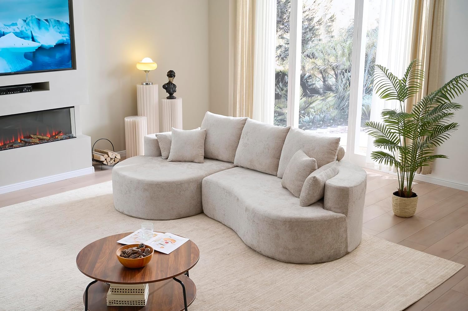 Christopher Knight Home Carden 106' Curved Modular Sectional Sofa, Comfy Sofa Couch with Chaise Lounge, Modern Cloud Couch with Deep Seat, Fabric Upholstered Set for Living Room Bedroom, Silver Lining