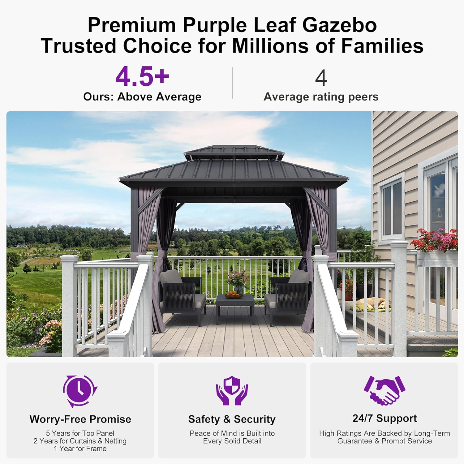 PURPLE LEAF 8'x10' Hardtop Gazebo with Lights Permanent Galvanized Steel Double Roof Outdoor Patio Pavilion Including Netting and Curtains for Garden Backyard Grey