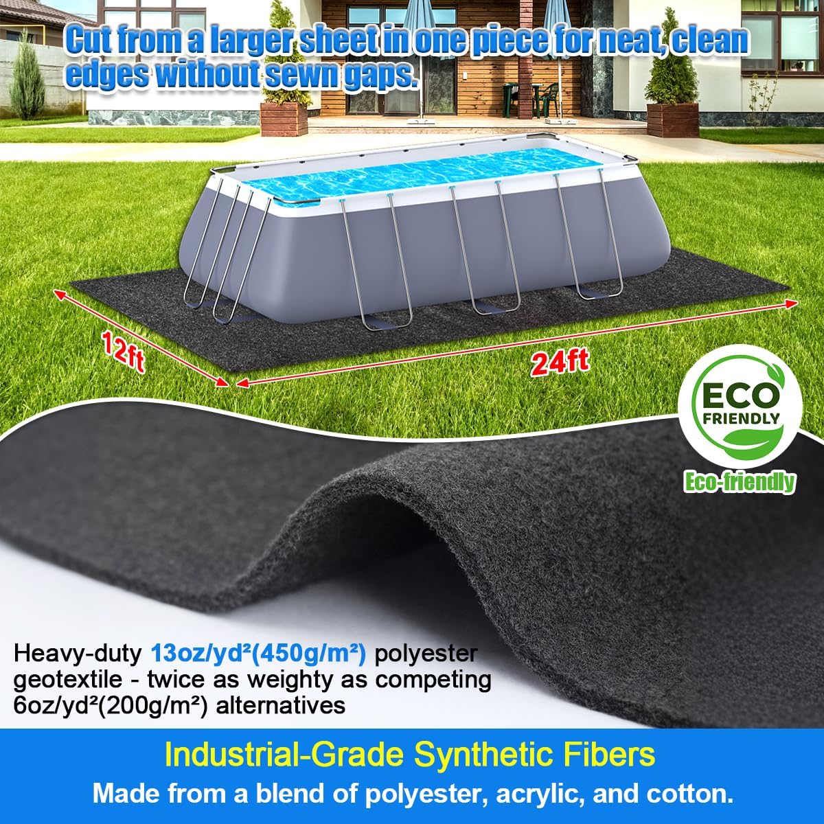 Pool Liner Pad for Above Ground Pools, 12'x 24' Rectangular Extra-Thick Pool Mat, Seamless Comfort Underfoot, Puncture-Resistant Industrial-Grade Black Synthetic Fiber Pad