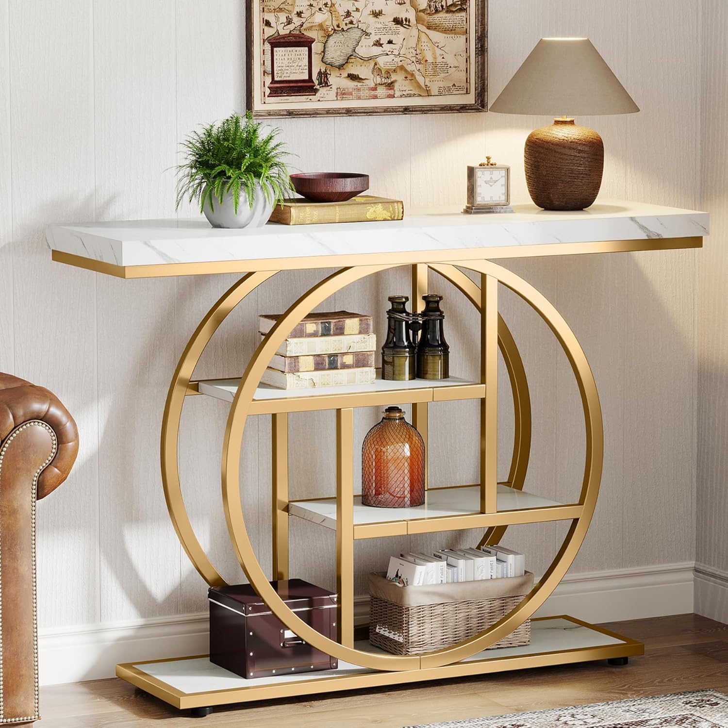 Tribesigns 41.3' Console Table, Industrial 4-Tier Sofa Entryway Table with Circle Base, Narrow Wood Accent Tables with Storage Shelves for Living Room, Hallway, Foyer, White Gold