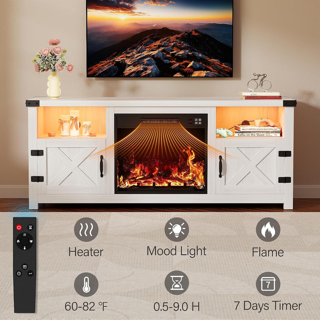 YESHOMY LED Fireplace TV Stand with Mood Lighting, TV Cabinet with Open Shelf, Farmhouse Media Console with Hidden Cable Routing, Entertainment Center for Televisions up to 65+ Inch, White