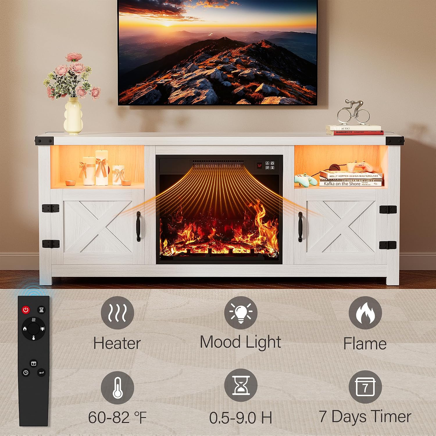YESHOMY LED Fireplace TV Stand with Mood Lighting, TV Cabinet with Open Shelf, Farmhouse Media Console with Hidden Cable Routing, Entertainment Center for Televisions up to 65+ Inch, White