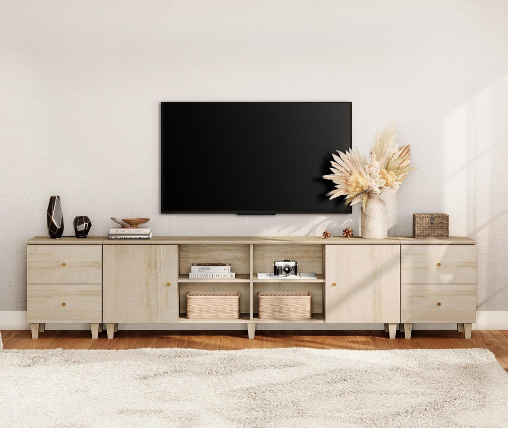 WAMPAT 3-in-1 TV Stand w/Doors&Charging Station, 105' Modern Wood Entertainment Center Media Console for 110+ inch TVs, TV Cabinet w/Shelves&4 Drawers for Living Room, Bedroom, Light Oak