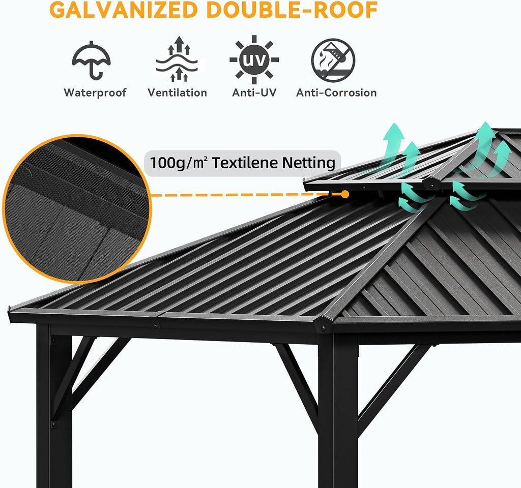 HOTEEL 12x20 Hardtop Gazebo on Clearance with Metal Roof, Heavy Duty Galvanized Steel Patio Hard Top Gazebos, Outdoor Permanent Screened in Gazebo with Curtains, for All-Weather, Backyarad, Black(Pro)
