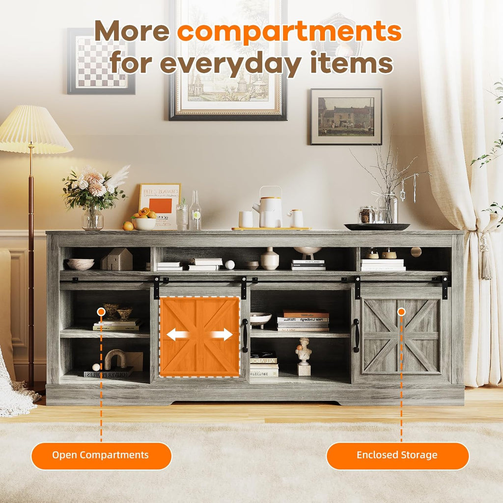 Garvee TV Stand Table for 75 in Television, Media Console Table with Open Storage, Power Outlets, Barn Doors, Entertainment Center with Adjustable Shelves for Home & Office, 66 in Width, Grey