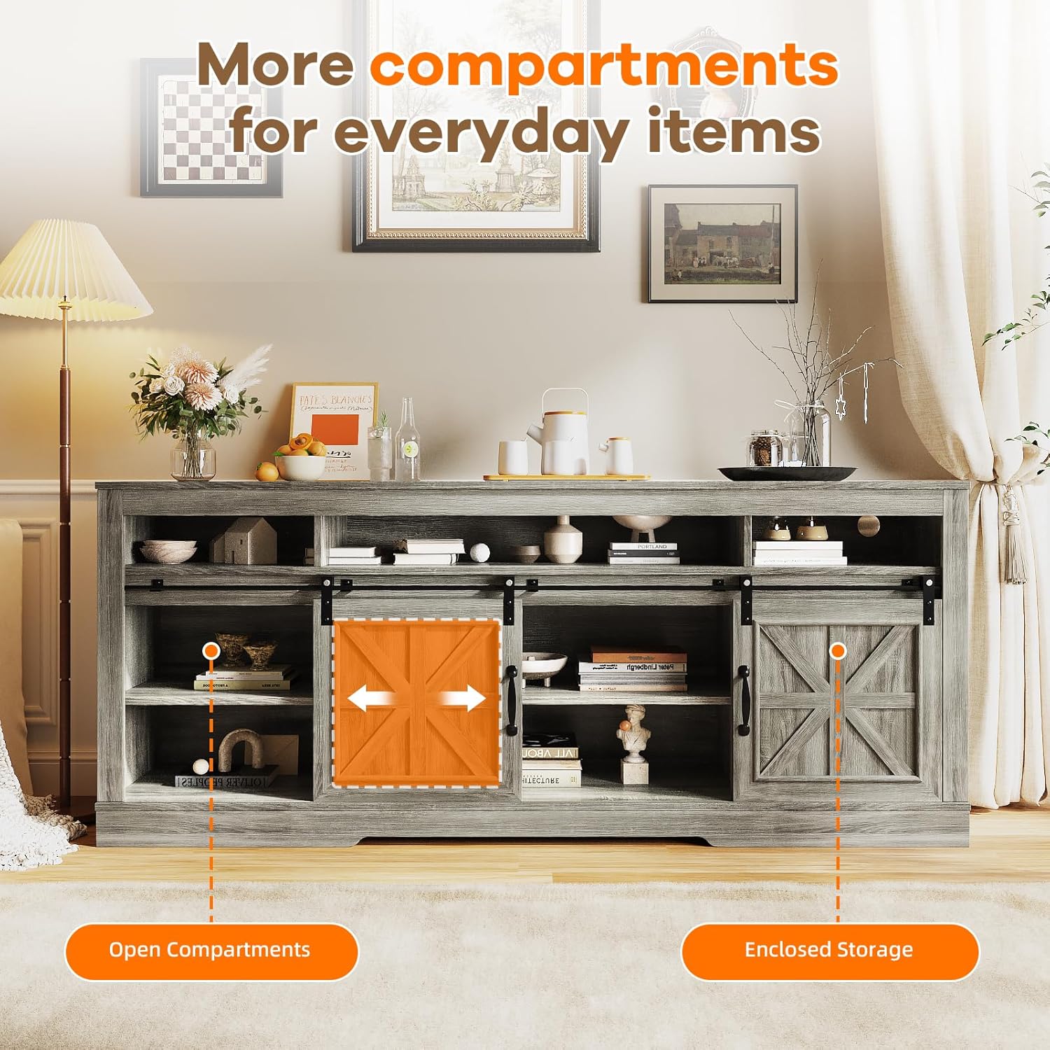 Garvee TV Stand Table for 75 in Television, Media Console Table with Open Storage, Power Outlets, Barn Doors, Entertainment Center with Adjustable Shelves for Home & Office, 66 in Width, Grey