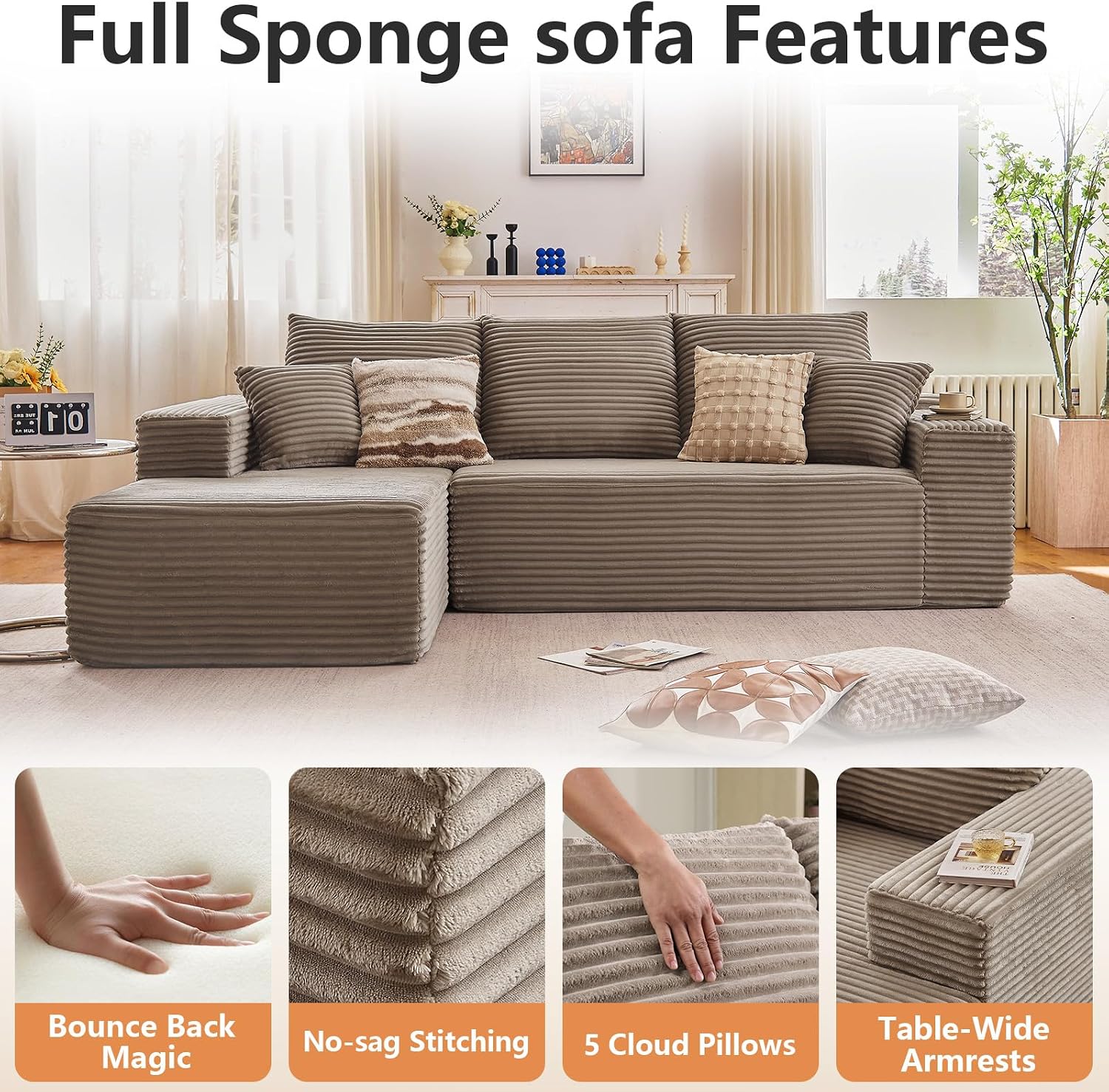 96' Modular Sectional Sofa, Modern Corduroy Cloud Couch with Deep Seat, Boneless Couch Upholstered 3-Seater L-Shaped Sofa for Living Room, No Assembly Required (Camel, Left-Facing Chaise)