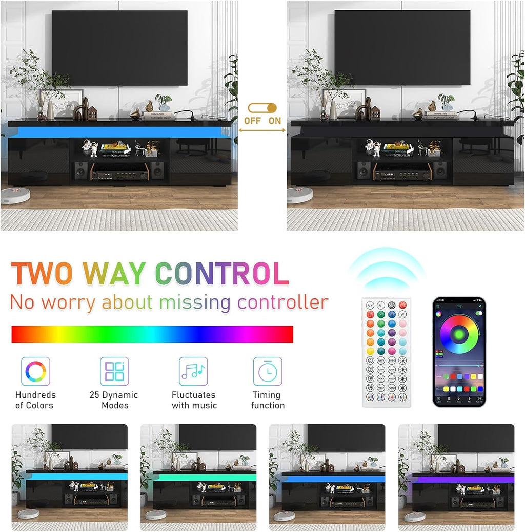 Hlivelood LED TV Stand for 75 Inch TV, Modern TV Stand with Power Outlet, High Gloss TV Console Entertainment Center with Storage and LED Lights for Living Room, Bedroom (66 Inch, Black)