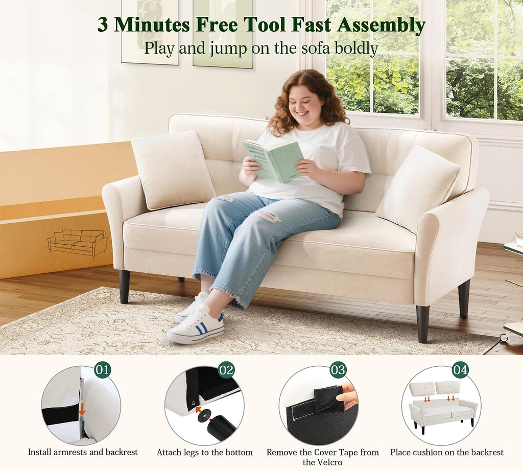 Loveseat Sofa, 69' Love Seat Couches, Comfy Velvet Small Couches for Small Spaces with 2 Pillows, Tool-Free Setup Sofas & Couches, 700lb Load Sofas for Living Room, Mini Couch for Bedroom, White Couch