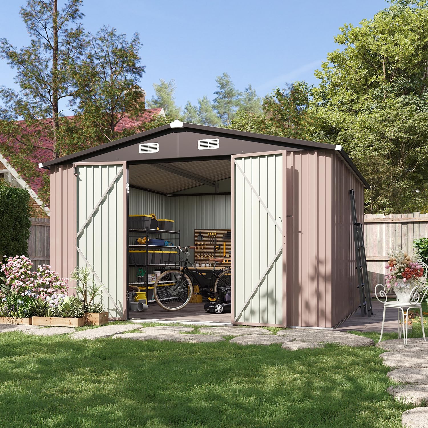 10'x10' Brown Metal Tool Shed (Without Base) Double-Door, Vent Windows,Garden, Patio, Lawn, Poolside